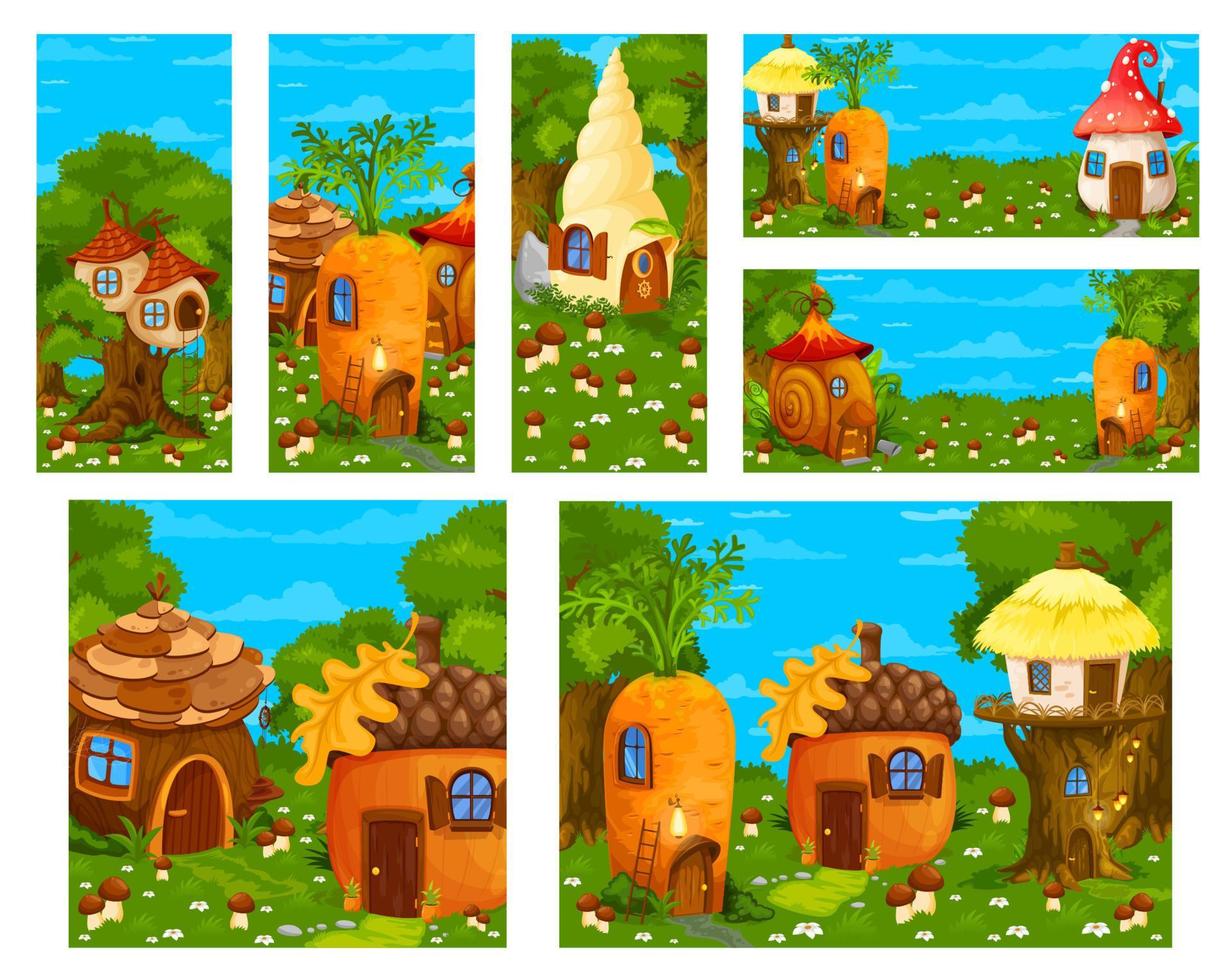 paisaje del bosque del juego con casas de hadas de dibujos animados vector