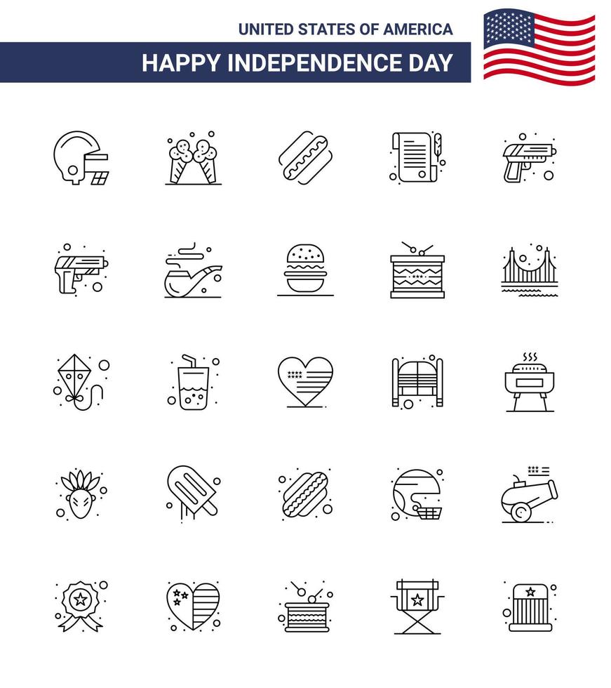 Line Pack of 25 USA Independence Day Symbols of weapon security american gun receipt Editable USA Day Vector Design Elements