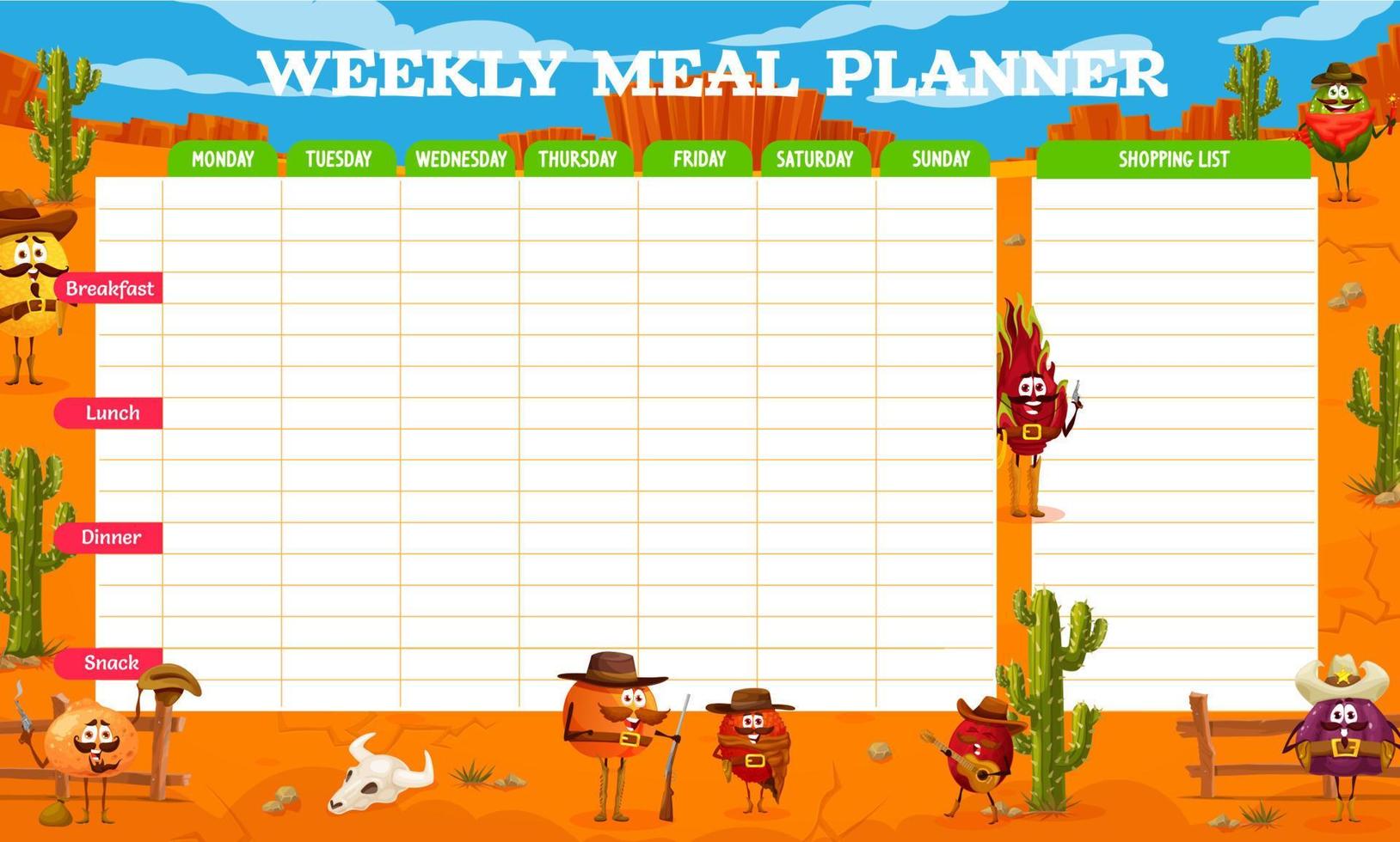 Weekly meal planner with Western cowboy fruits vector