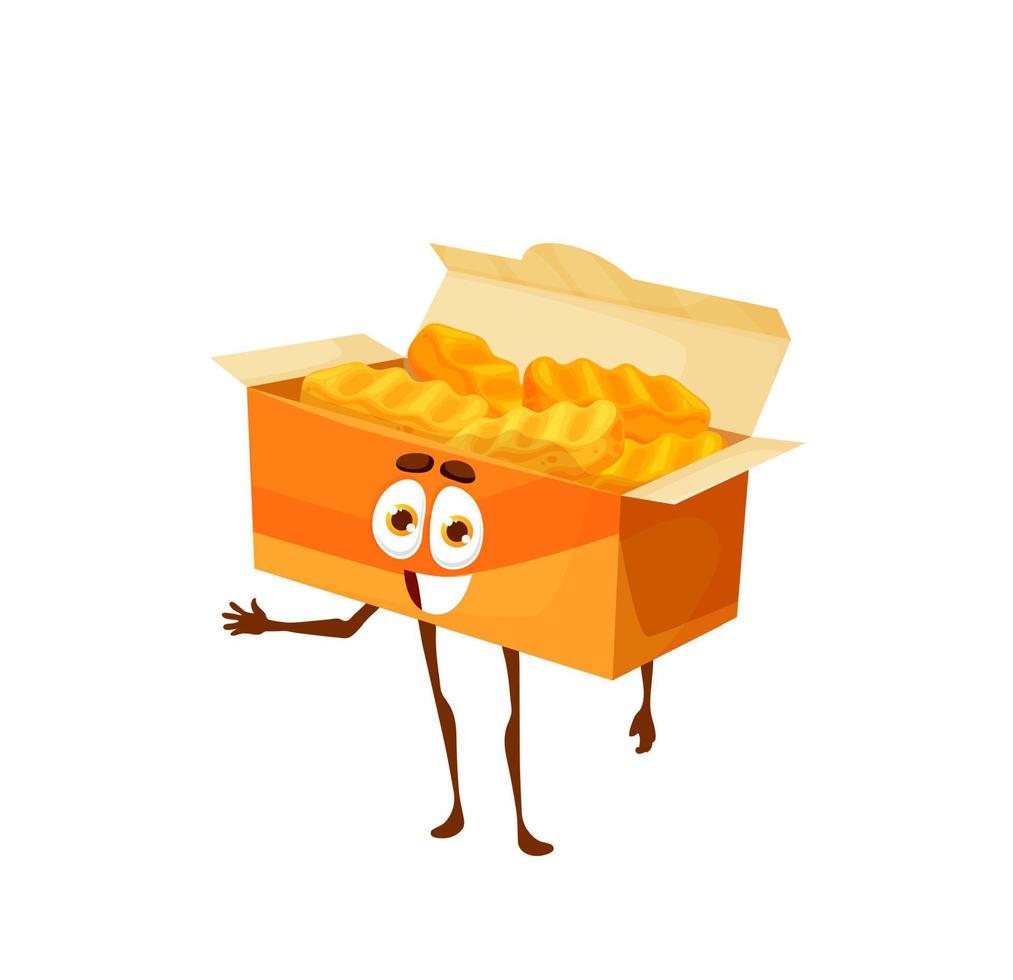 Cartoon fried nuggets box character chicken pieces vector