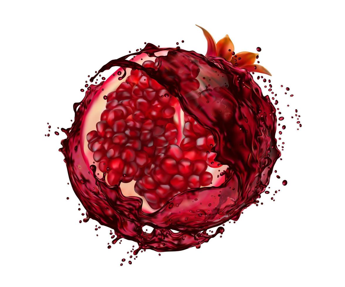 Pomegranate fruit with juice splash, vitamin drink vector