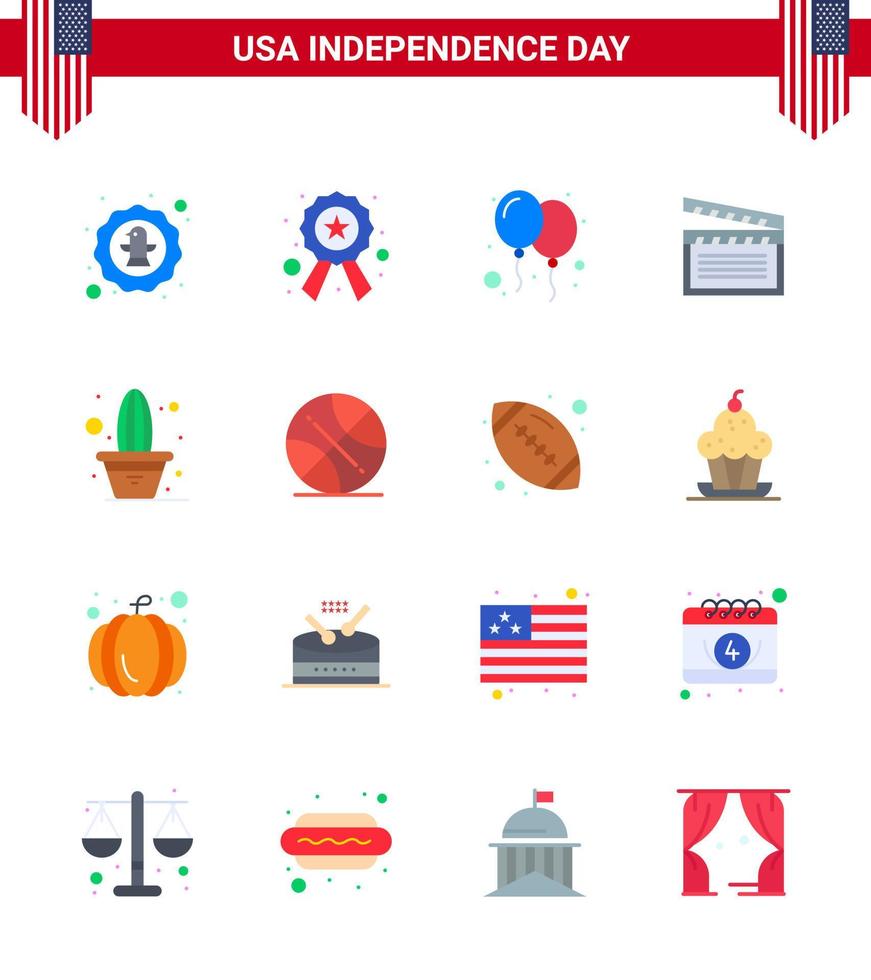 Pack of 16 USA Independence Day Celebration Flats Signs and 4th July Symbols such as cactus video sign movis party Editable USA Day Vector Design Elements