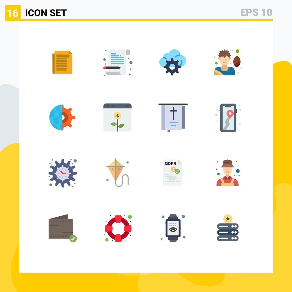 Group of 16 Flat Colors Signs and Symbols for business globe cloud gear soccer player Editable Pack of Creative Vector Design Elements