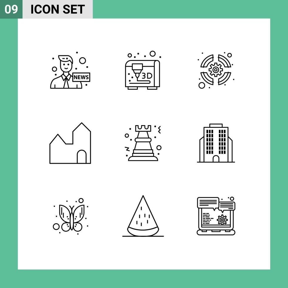 Group of 9 Modern Outlines Set for rock chess support pawn industrial plant Editable Vector Design Elements