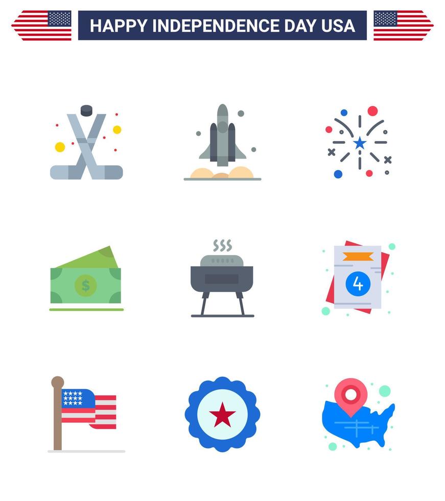 Happy Independence Day Pack of 9 Flats Signs and Symbols for usa money transport dollar american Editable USA Day Vector Design Elements