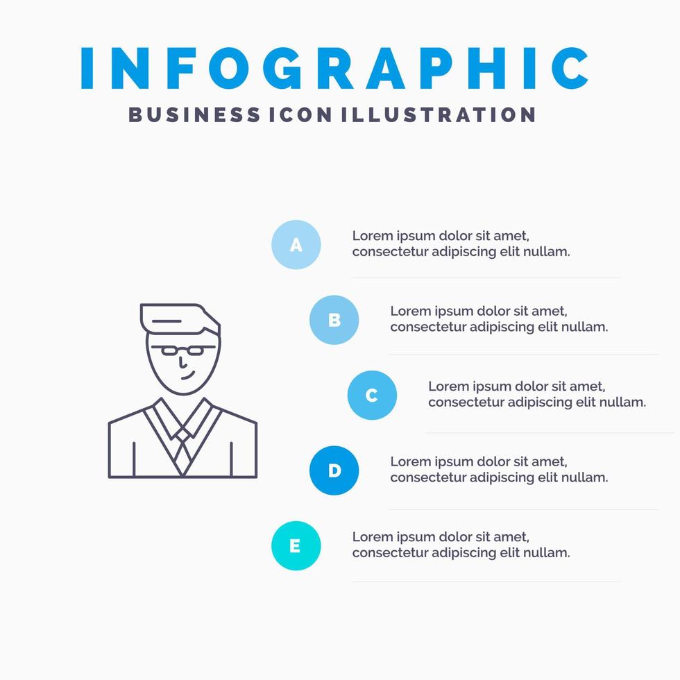 hombre usuario administrador estudiante línea icono con 5 pasos presentación infografía antecedentes vector