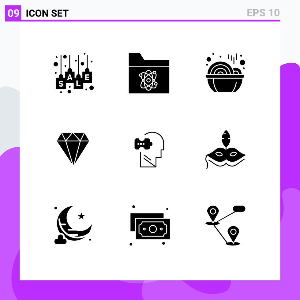 Universal Icon Symbols Group of 9 Modern Solid Glyphs of logic jewelry space jewel year Editable Vector Design Elements