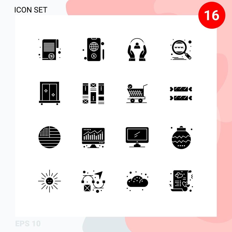 conjunto de pictogramas de 16 glifos sólidos simples de elementos de diseño de vectores editables de protección de motor de cuidado global en todo el mundo