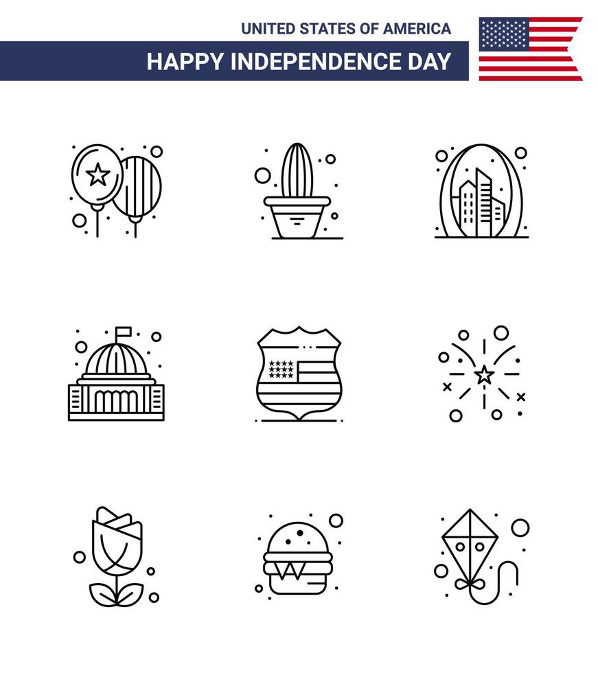 Set of 9 Vector Lines on 4th July USA Independence Day such as white house arch building usa Editable USA Day Vector Design Elements