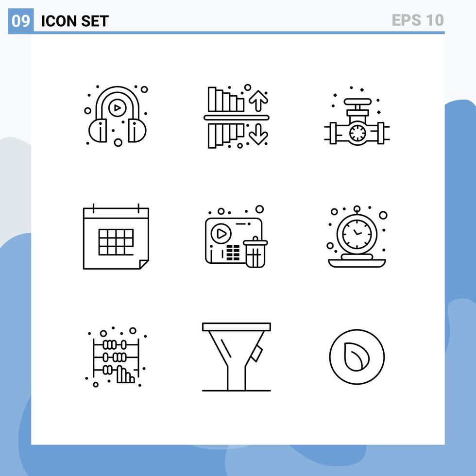 Pack of 9 Modern Outlines Signs and Symbols for Web Print Media such as delete day gauge date appointment Editable Vector Design Elements