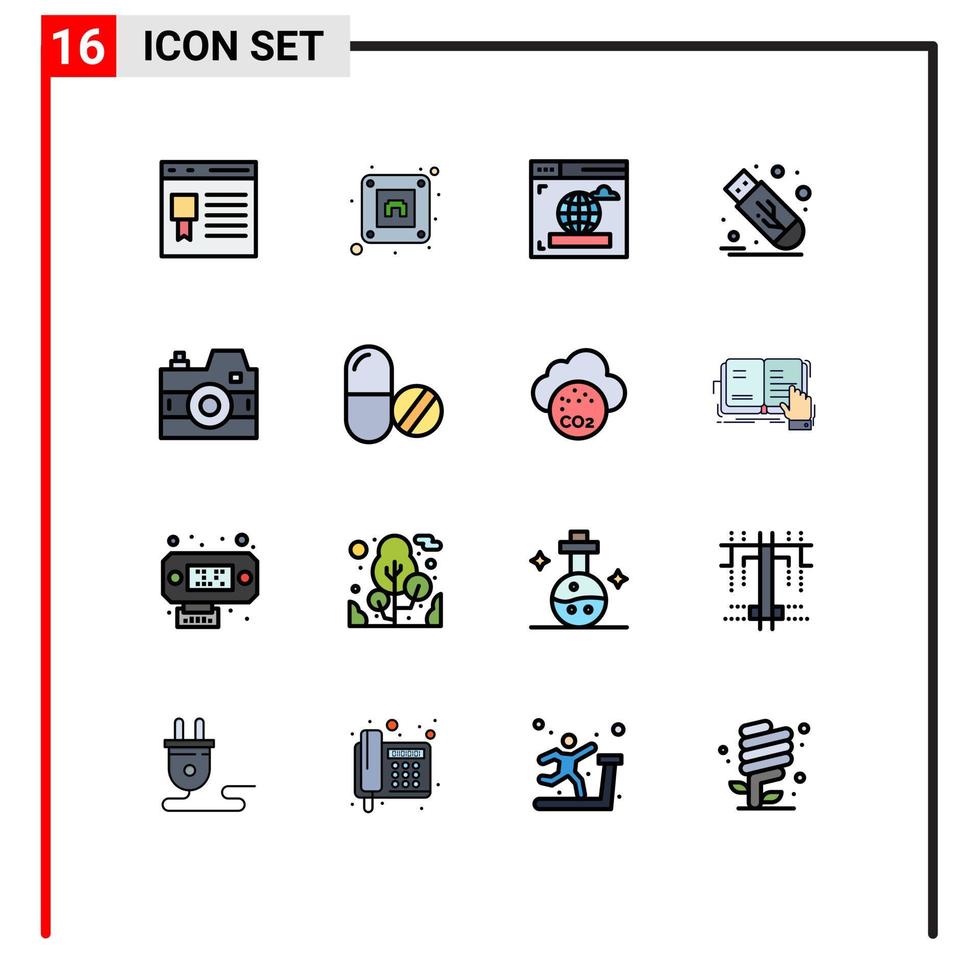 16 Thematic Vector Flat Color Filled Lines and Editable Symbols of photo camera browser usb flash Editable Creative Vector Design Elements