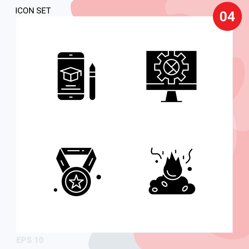 4 Thematic Vector Solid Glyphs and Editable Symbols of cap achievement mobile internet champion Editable Vector Design Elements