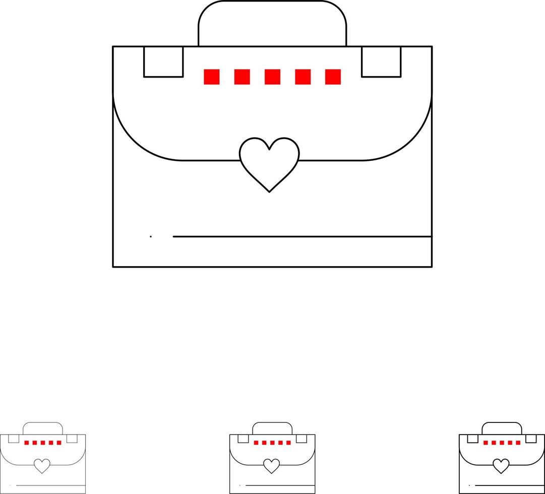 Bag Briefcase Love Bold and thin black line icon set vector