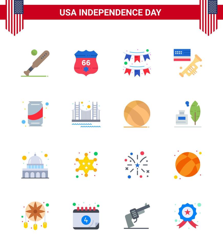 Happy Independence Day 4th July Set of 16 Flats American Pictograph of american speaker security flag party Editable USA Day Vector Design Elements