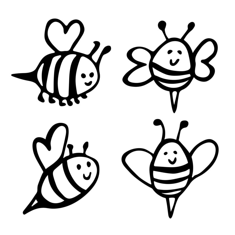 Hand drawn happy bees clipart. Cute honeybee doodle set. For print, web, design, decor, logo. vector