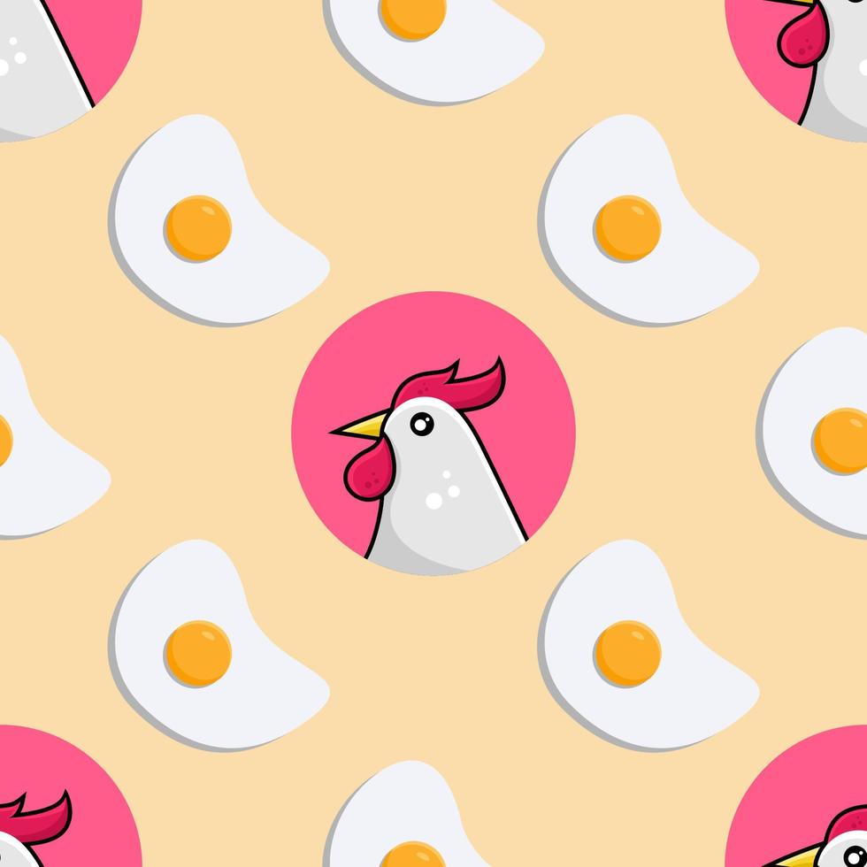 Cute cartoon rooster and sunny side up eggs pattern premium vector