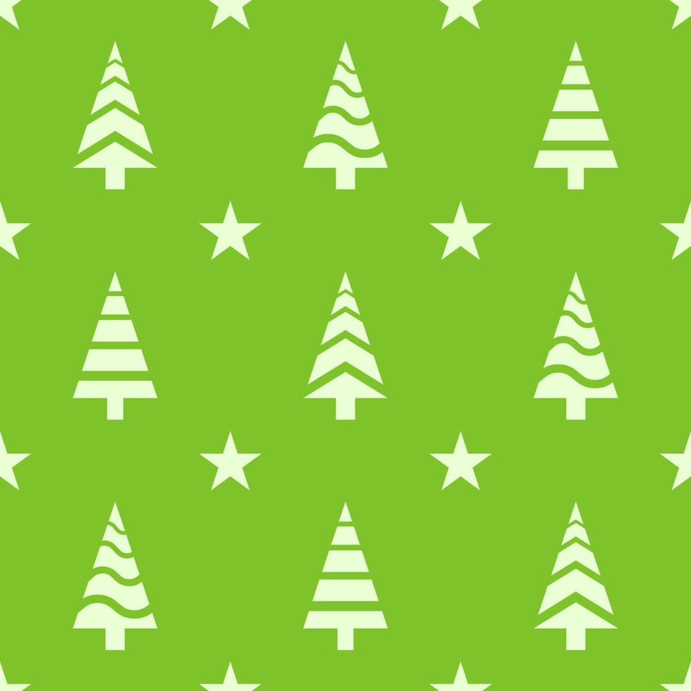 Christmas seamless pattern. White colored christmas tree icons and stars on green background. Christmas texture vector