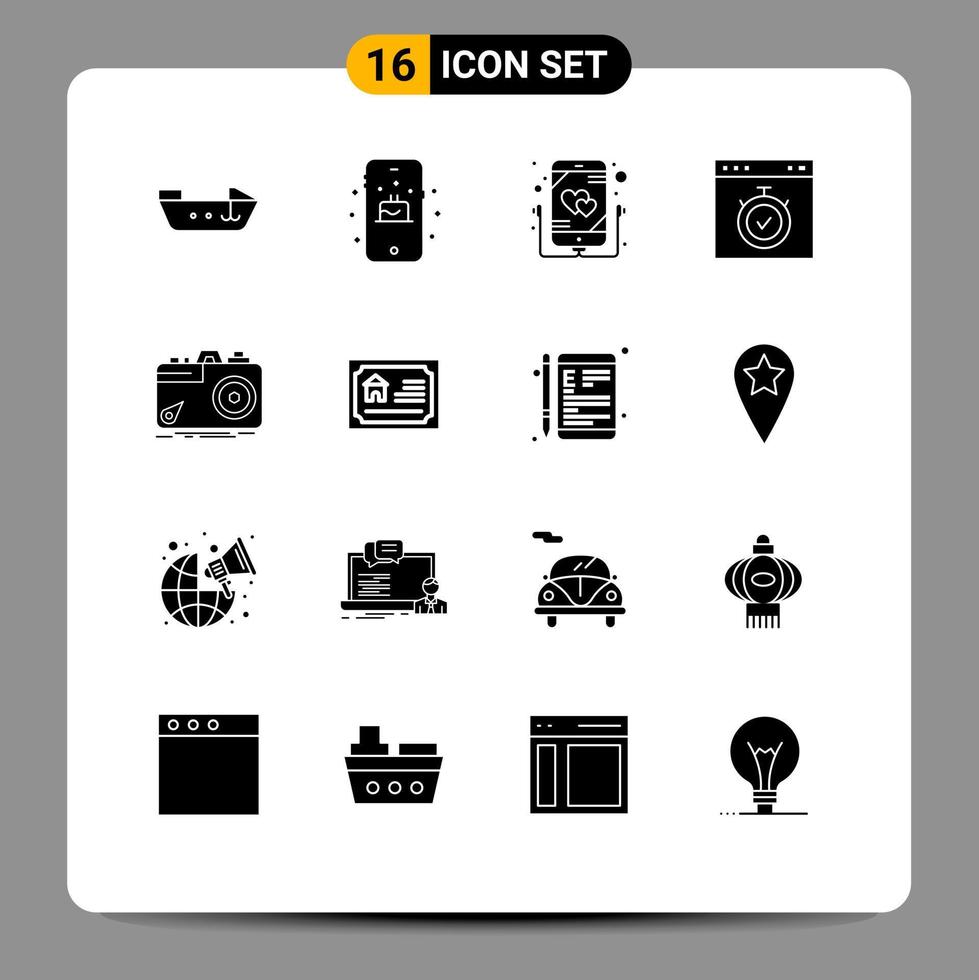 Pack of 16 Modern Solid Glyphs Signs and Symbols for Web Print Media such as capture camera mobile time page Editable Vector Design Elements