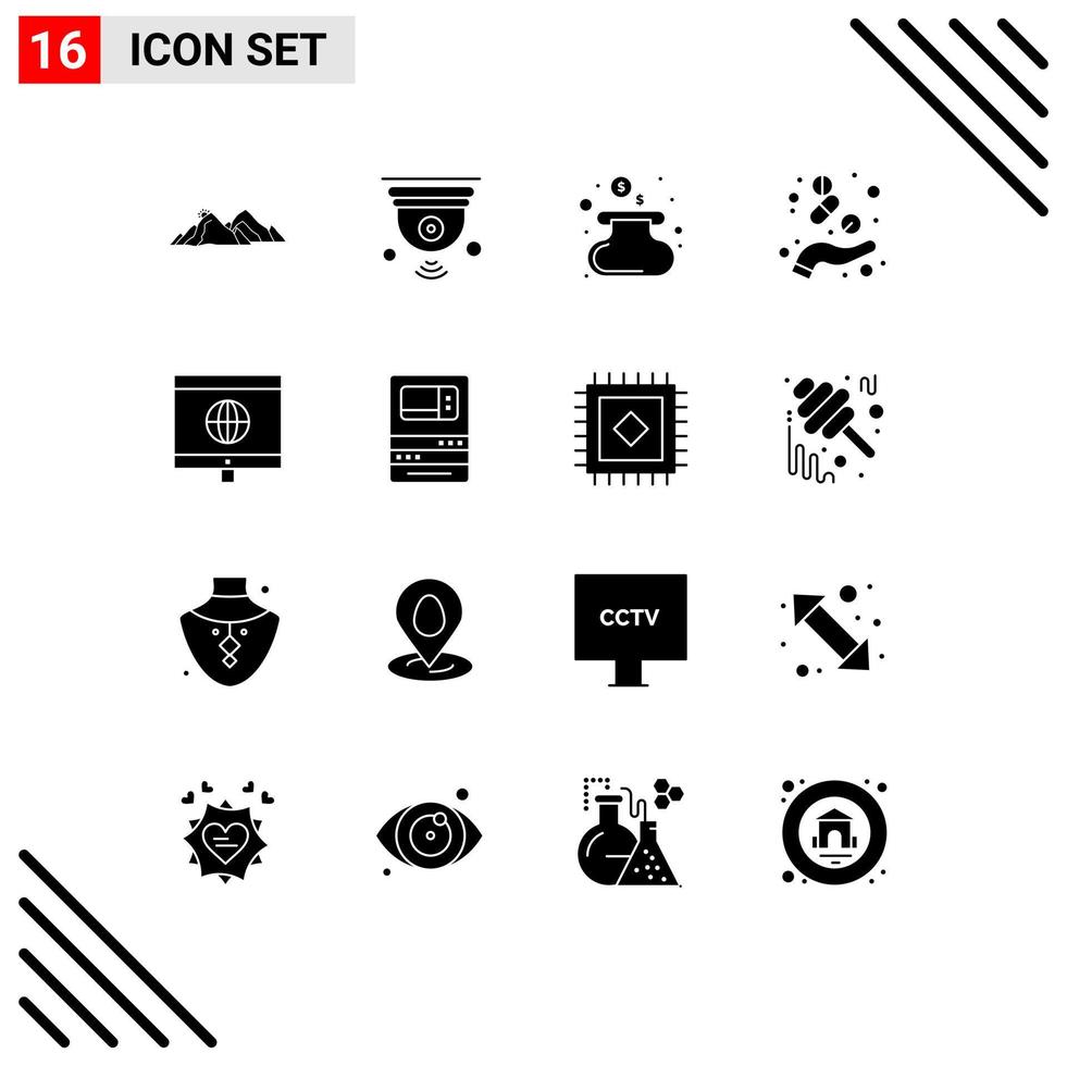 Editable Vector Line Pack of 16 Simple Solid Glyphs of medicine hand iot drug purse Editable Vector Design Elements