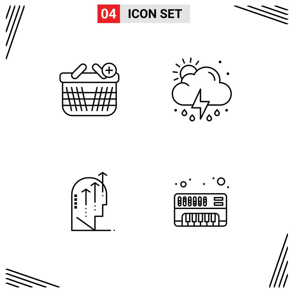 Mobile Interface Line Set of 4 Pictograms of basket growth add sun intelligence Editable Vector Design Elements