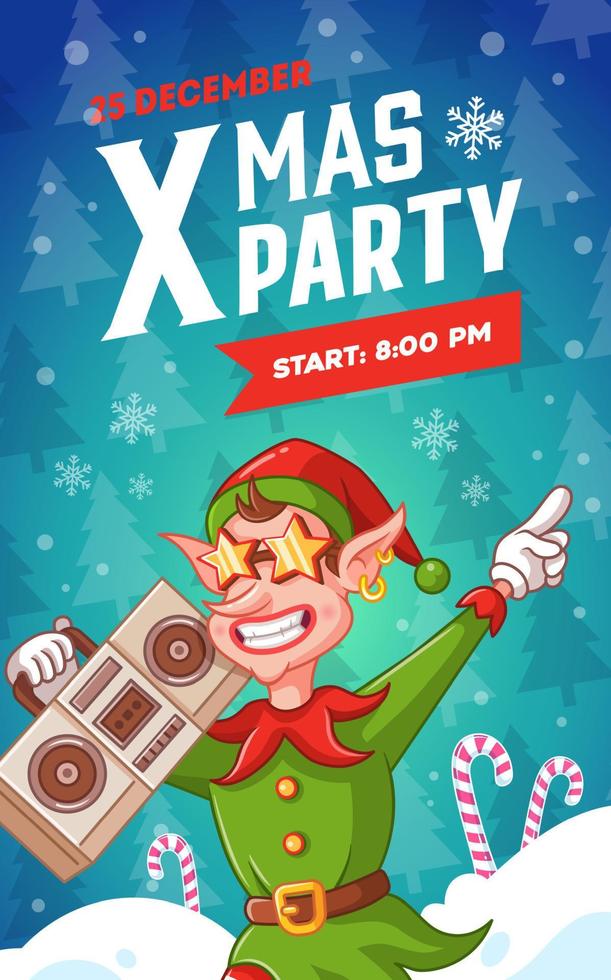 Christmas party invitation flyer. Christmas elf cartoon character. Dancing elf with audio recorder. Winter background with christmas tree pattern. Cartoon vector illustration