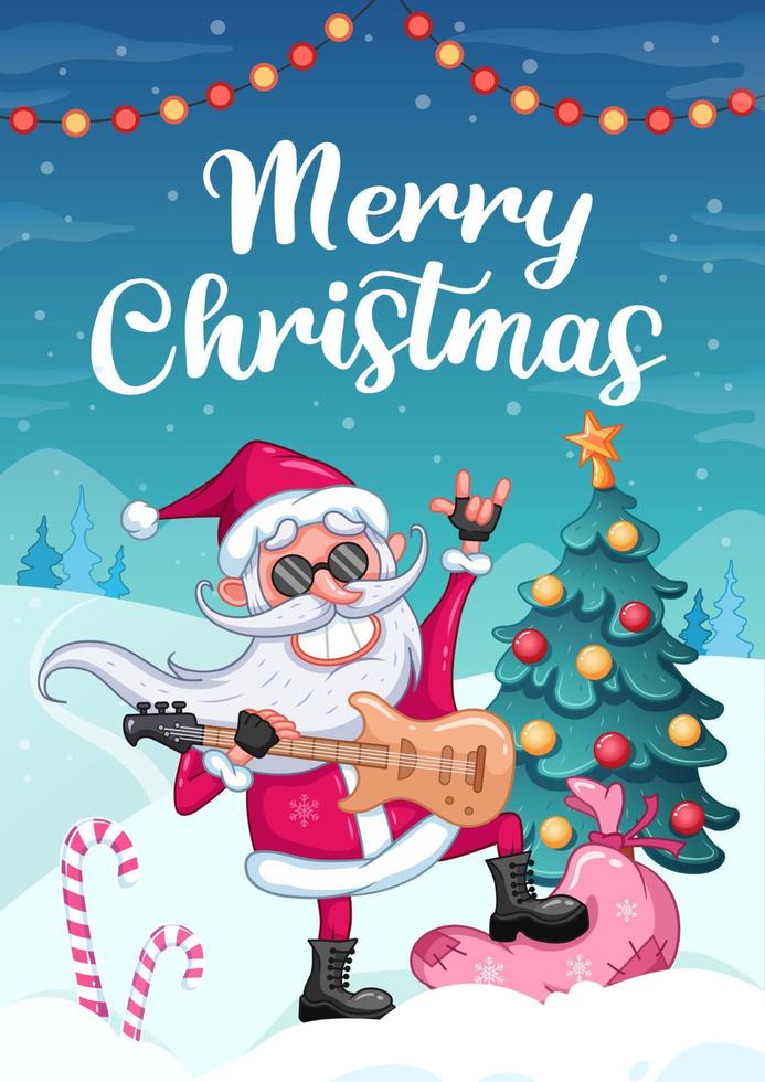 Christmas greeting card. Cool Santa Claus with electric guitar and black glasses. Cartoon vector illustration. Winter background with christmas tree