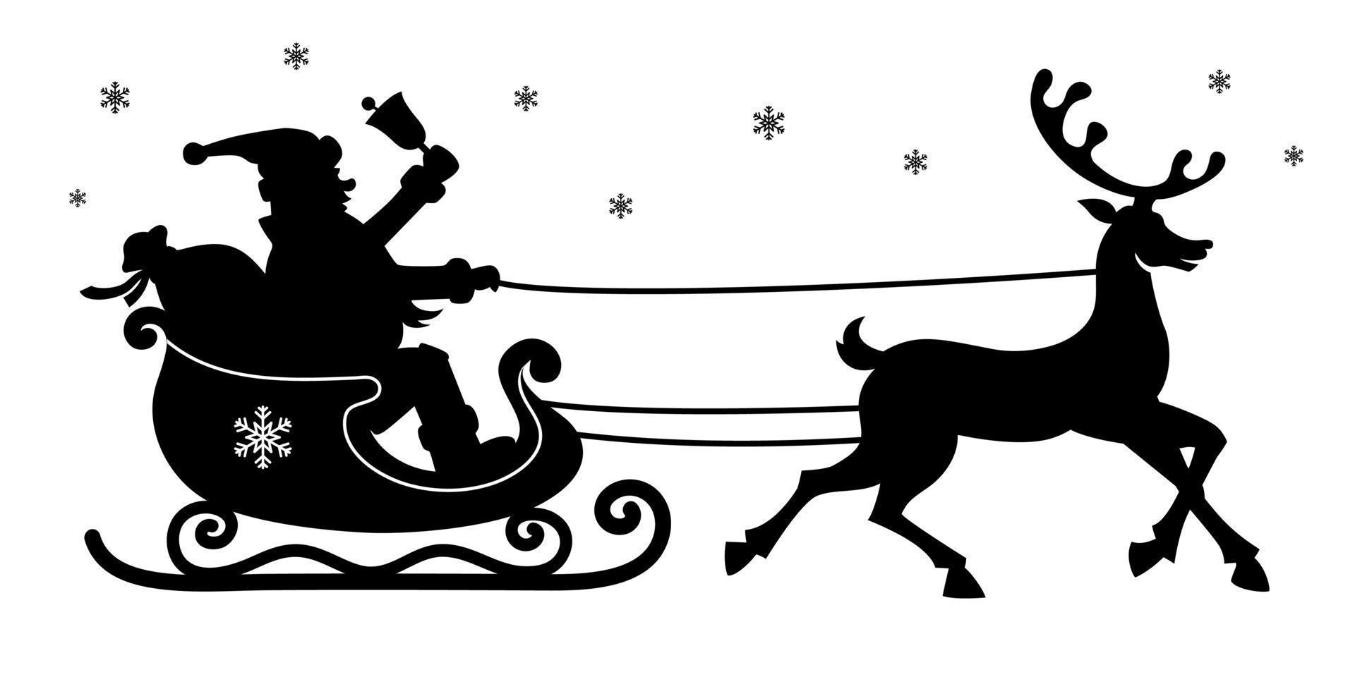 Santa in sleigh with reindeer. Vector sticker. Black vector silhouette isolated on white background
