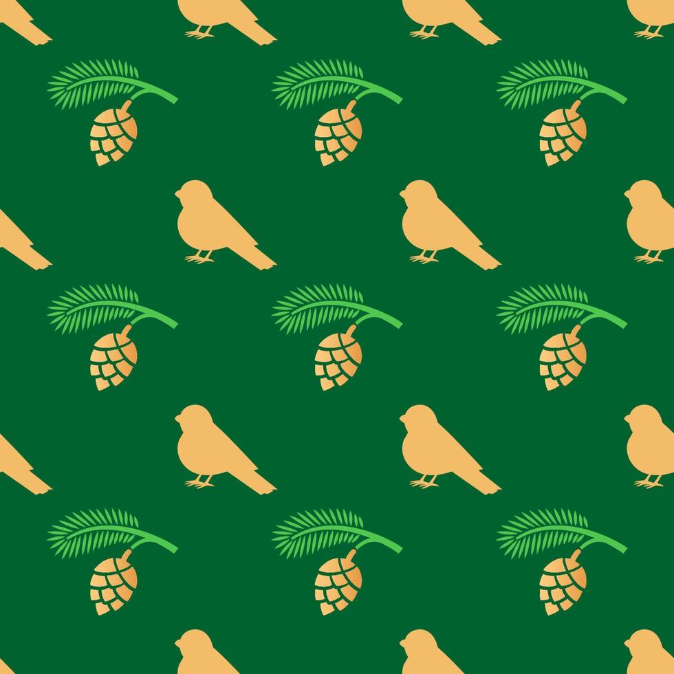 Christmas seamless pattern. Gold colored branch with a cone and a bullfinch on green background. Christmas texture vector