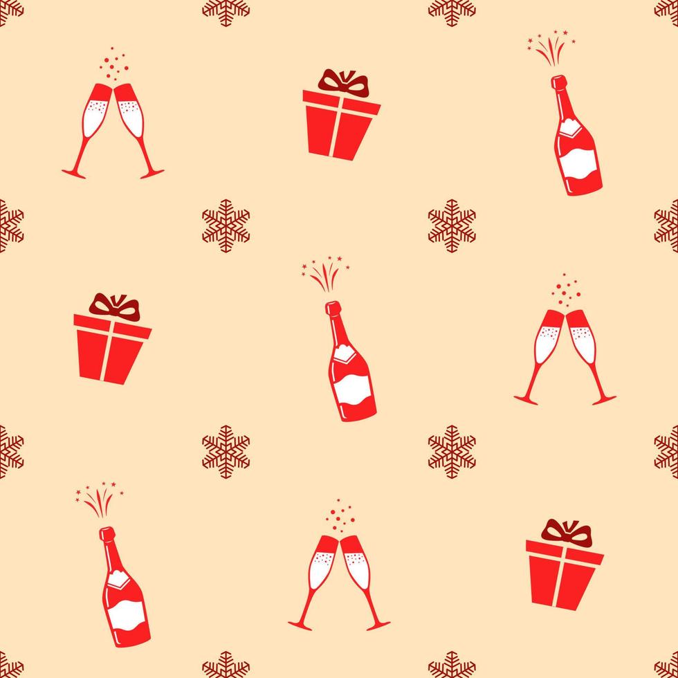 Christmas seamless pattern. Red colored hampagne bottles, glasses with champagne, gift boxes and snowflakes on cream-colored background. Christmas texture vector