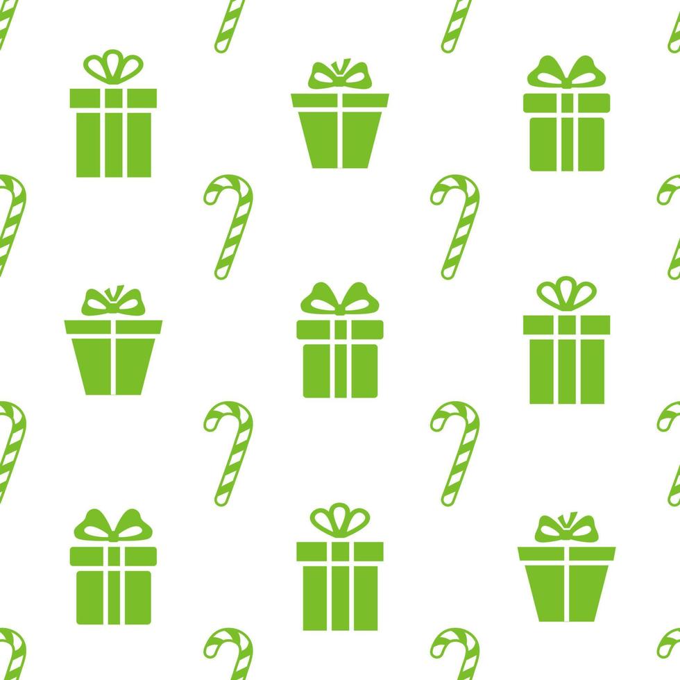 Christmas seamless pattern. Green colored candy canes and gift boxes on white background. Christmas texture vector