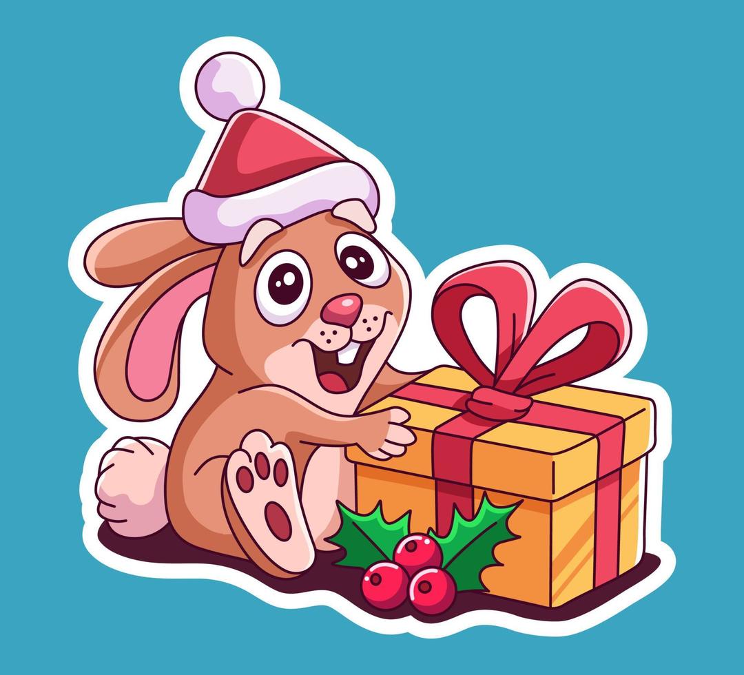 Little rabbit with gift box and holly berries.Vector illustration for christmas. Sticker for holiday decorations. Little cute brown bunny in christmas hat. Cartoon character. vector