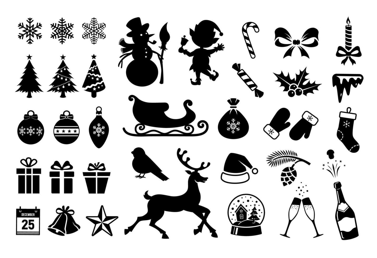 iconos de navidad. siluetas de Navidad aisladas sobre fondo blanco. pegatinas vectoriales de invierno. copos de nieve, árbol de Navidad, bolas, botella, siluetas vectoriales de duende, muñeco de nieve, ciervo. gran conjunto de navidad vector