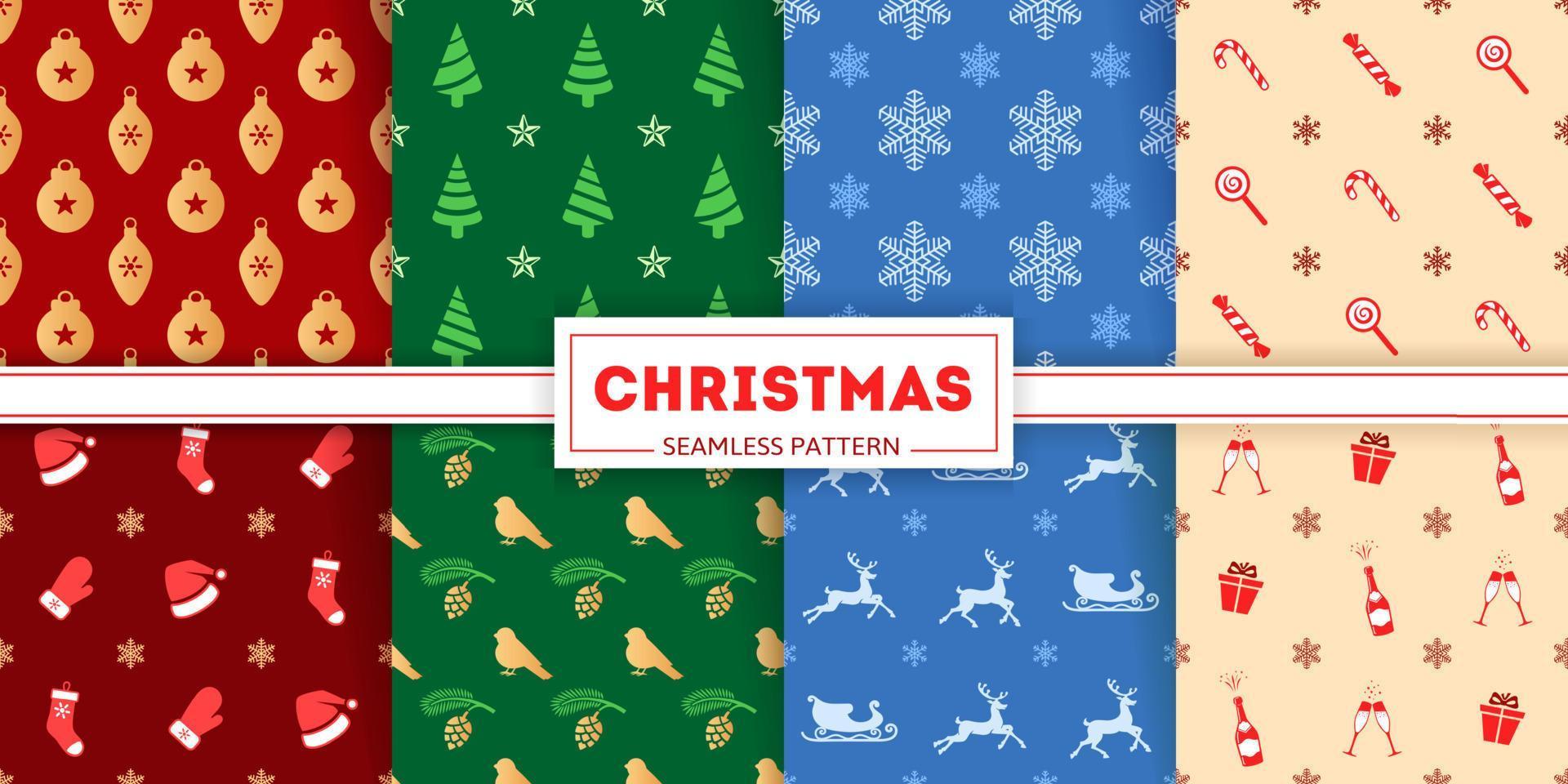 Christmas seamless patterns collection. Icons and silhouettes of Christmas balls, Christmas trees, snowflakes and candies. Colorful Illustrations of stocking, gift boxes and deers. Christmas textures vector