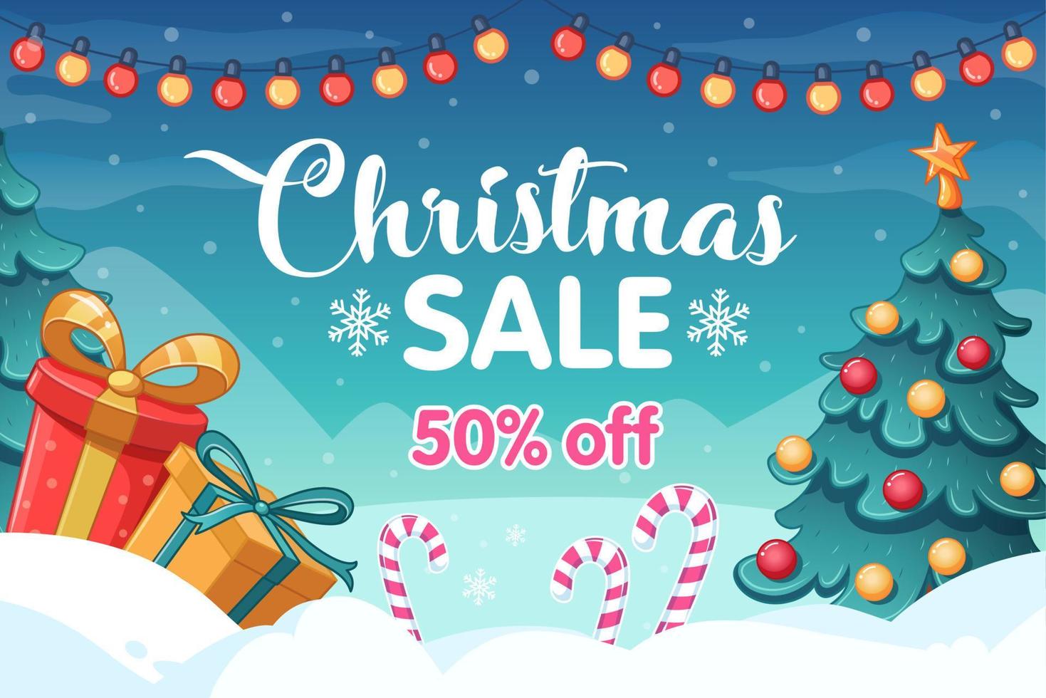 Christmas sale, advertising banner. Gift boxes, christmas tree and candy canes. Vector illustration. Winter background with snowfall and Christmas lights.