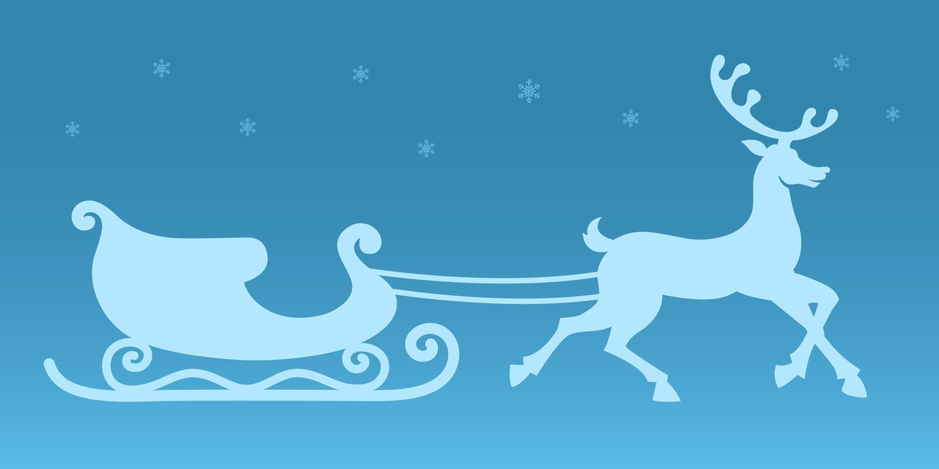 Sleigh and reindeer. Vector silhouette. Christmas sticker. Santa Claus sleigh and harnessed running reindeer. Blue background with snowflakes. Christmas illustration for decorations