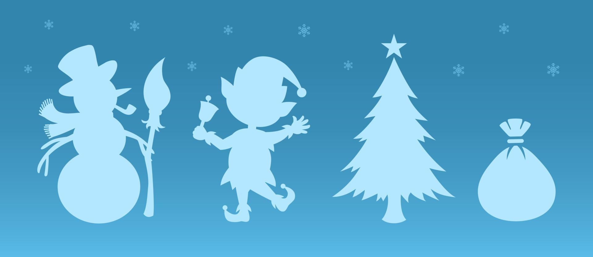 Christmas silhouettes. Christmas stickers. Cartoon characters and winter decorations. Snowman and elf with christmas tree and gift bag. Blue background with snowflakes. Vector holiday illustrations