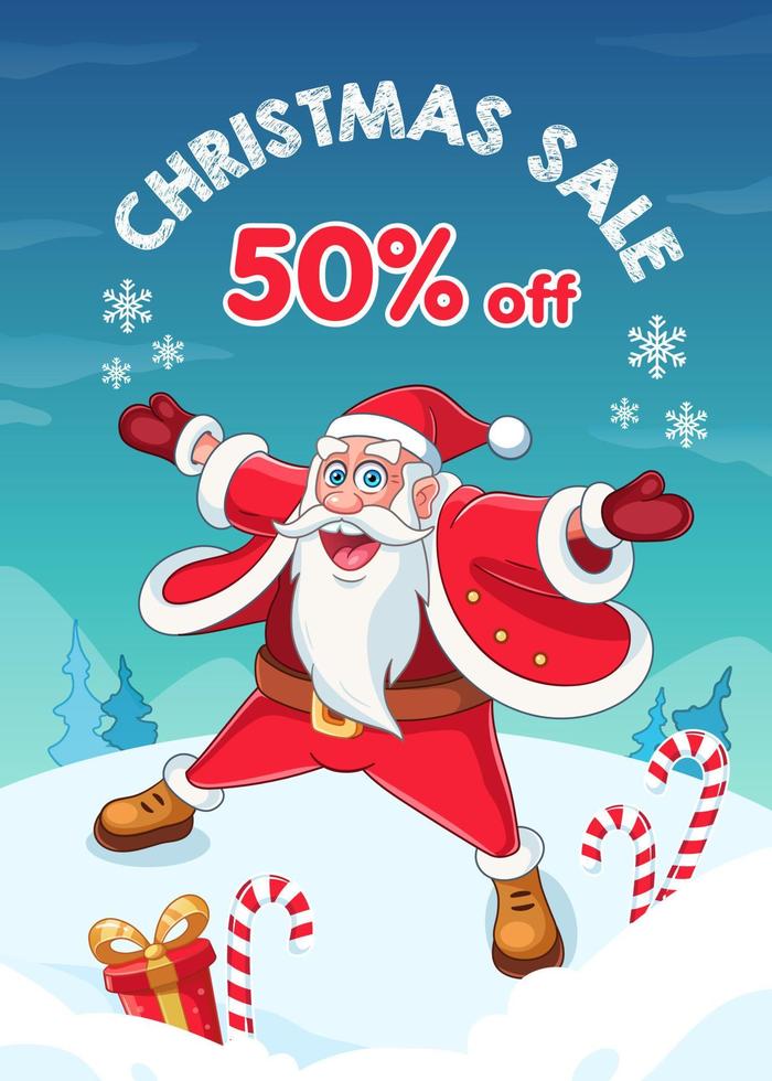 Christmas sale banner with cartoon Santa Claus character. Vector illustration of smiling Santa Claus. Advertising banner