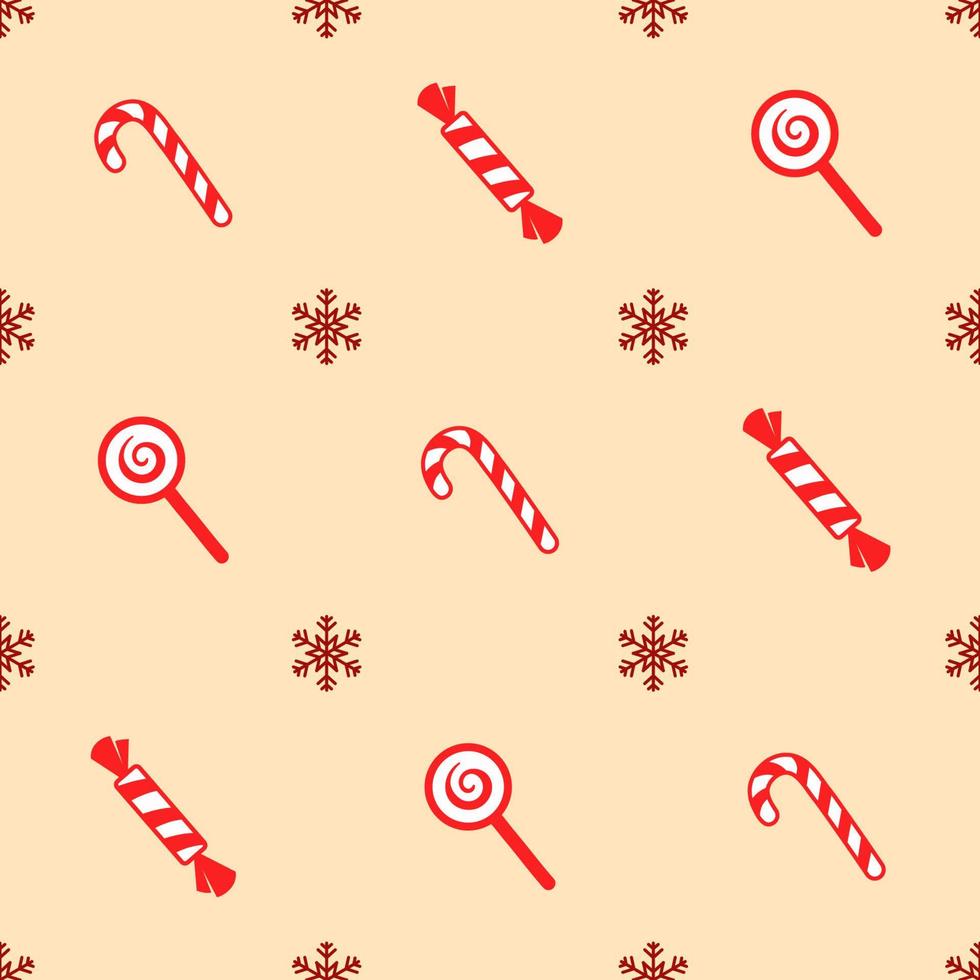 patrón sin costuras de navidad. bastón de caramelo de color rojo, piruleta, caramelos y copos de nieve sobre fondo de color crema. textura navideña vector