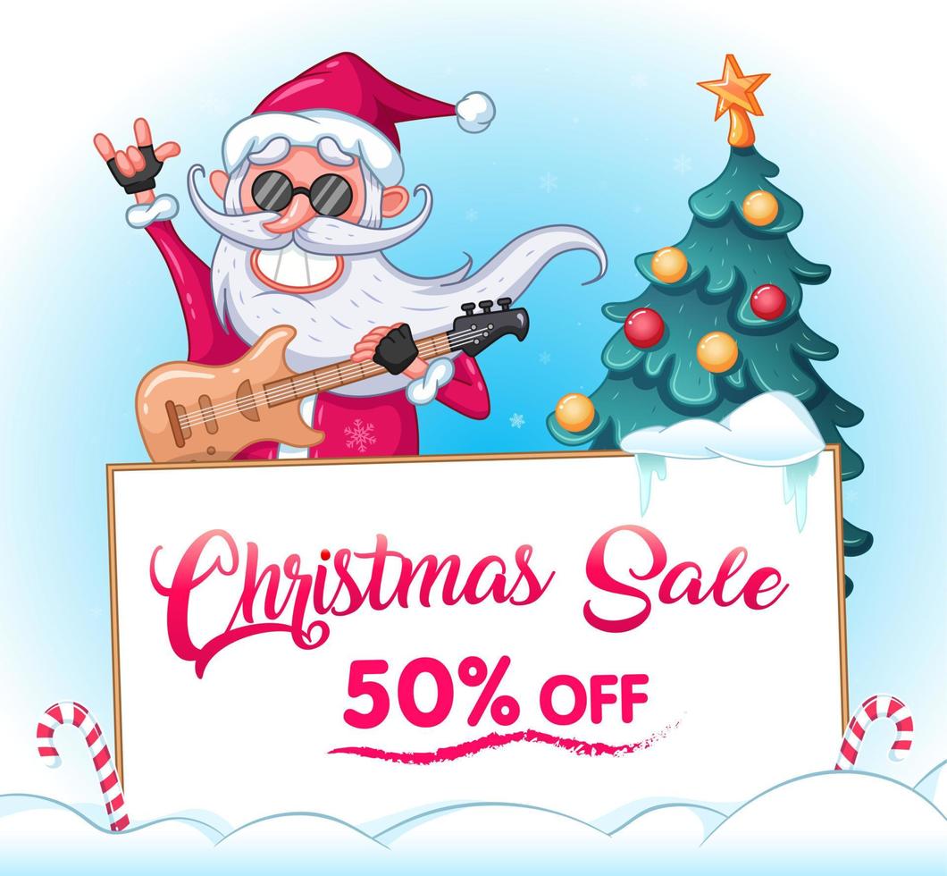 Christmas sale. Advertising banner. Xmas sale. Cool smile Santa Claus with electric guitar, christmas tree and big white banner. Blue background with snowflakes. Cartoon vector illustration