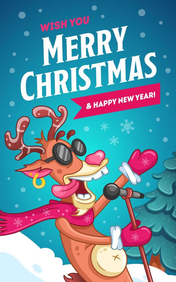 Christmas greeting card. Singing cool reindeer with microphone and black glasses.  Cartoon vector illustration. Winter background with christmas tree.