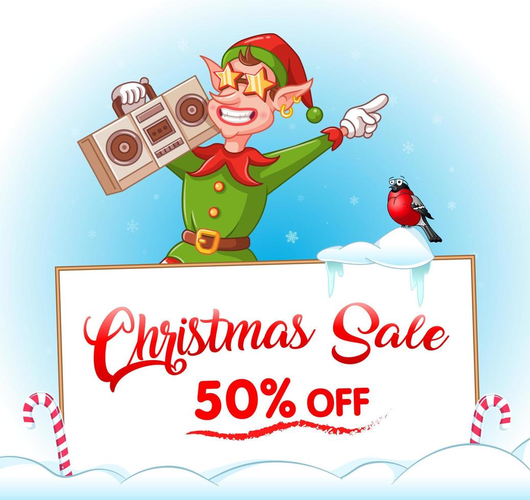 Christmas sale. Advertising banner. Xmas sale. Dancing cool christmas elf with audio recorder, bullfinch and big white banner. Blue background with snowflakes. Cartoon vector illustration