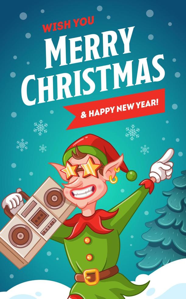 Christmas greeting card. Dancing cool christmas elf with audio recorder. Cartoon vector illustration. Winter background with christmas tree and snowflakes