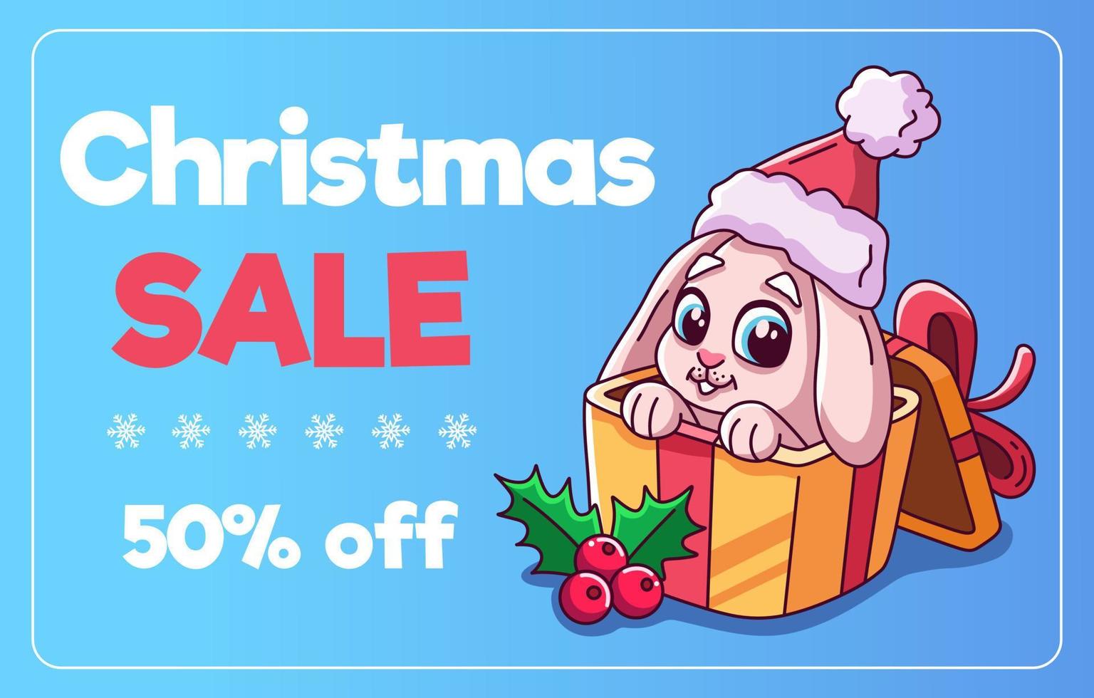 Christmas sale. Web banner. Little white rabbit in gift box and holly berries. Christmas vector illustration. Little cute bunny in christmas hat. Cartoon character