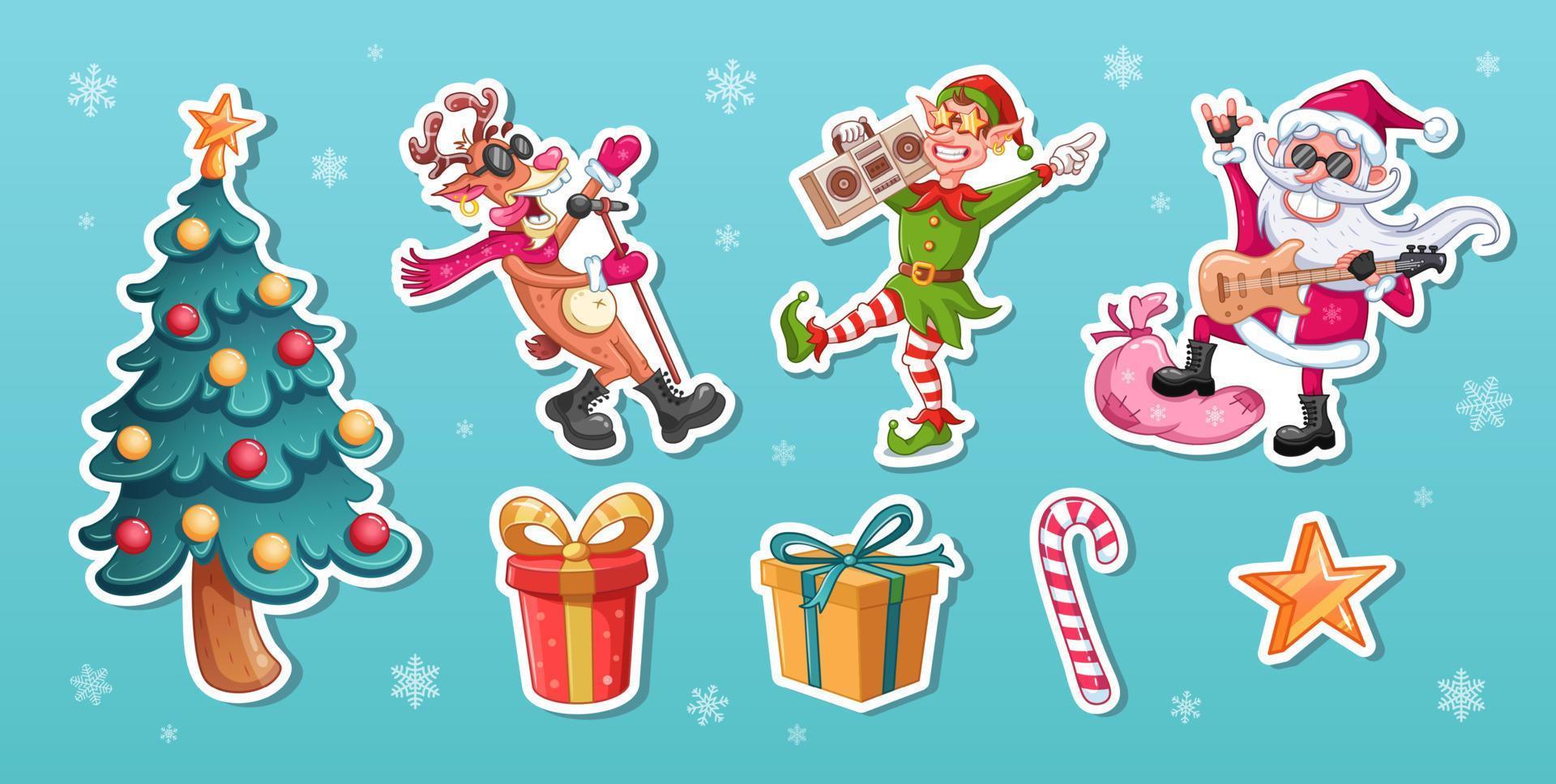 Christmas stickers. Cartoon christmas characters and decorations. Vector. Christmas tree. Cool Santa Claus with electric guitar. Singing cool reindeer with microphone. Dancing elf with audio recorder. vector