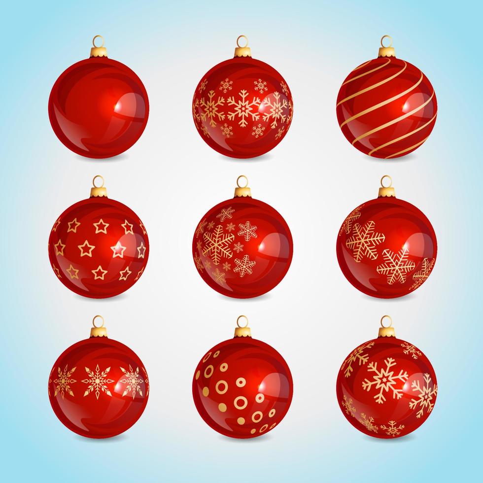 conjunto de adornos brillantes de navidad. ilustraciones vectoriales de adornos navideños. decoraciones brillantes de navidad. bolas de navidad rojas de vidrio realistas con patrón de copos de nieve y adornos navideños vector