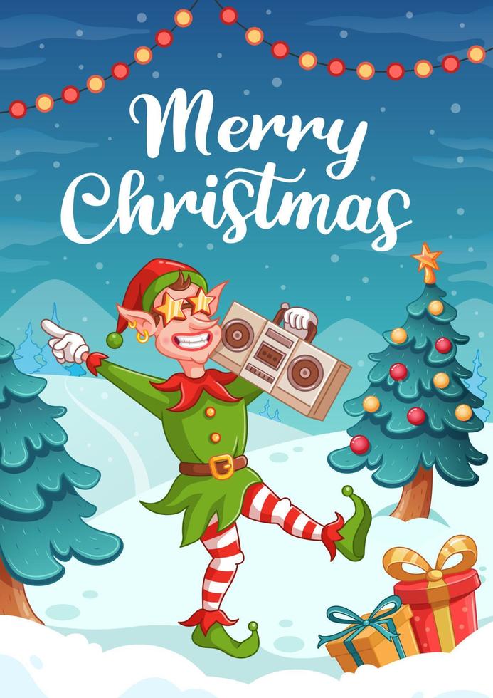 Christmas greeting card. Dancing cool christmas elf with audio recorder. Cartoon vector illustration. Winter background with christmas tree, christmas lights and gift boxes