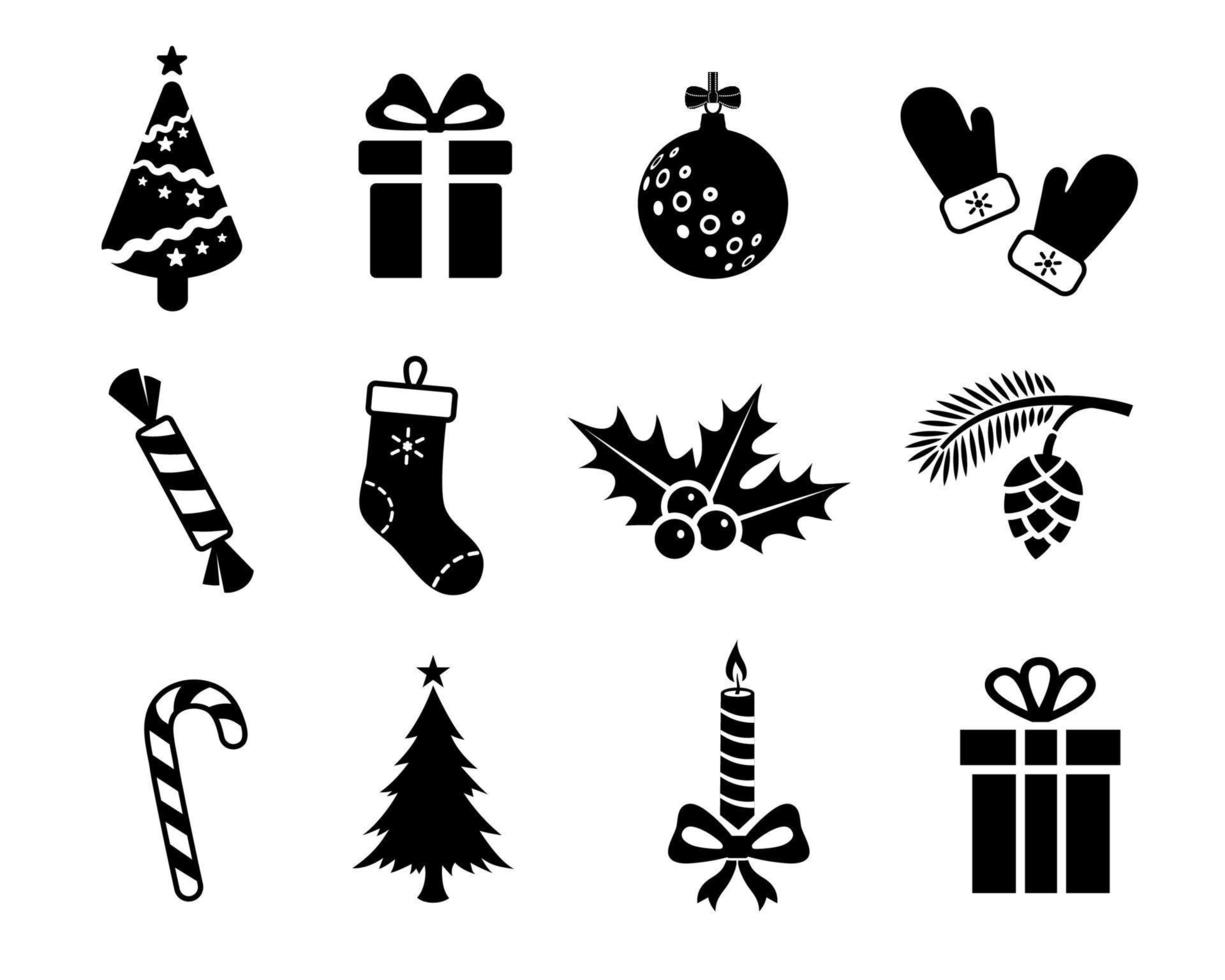 Christmas icons, vector collection. Christmas black stickers. Vector illustrations of christmas tree, gift box, christmas ball, Holly, candy, candle, mittens, christmas stocking, cone