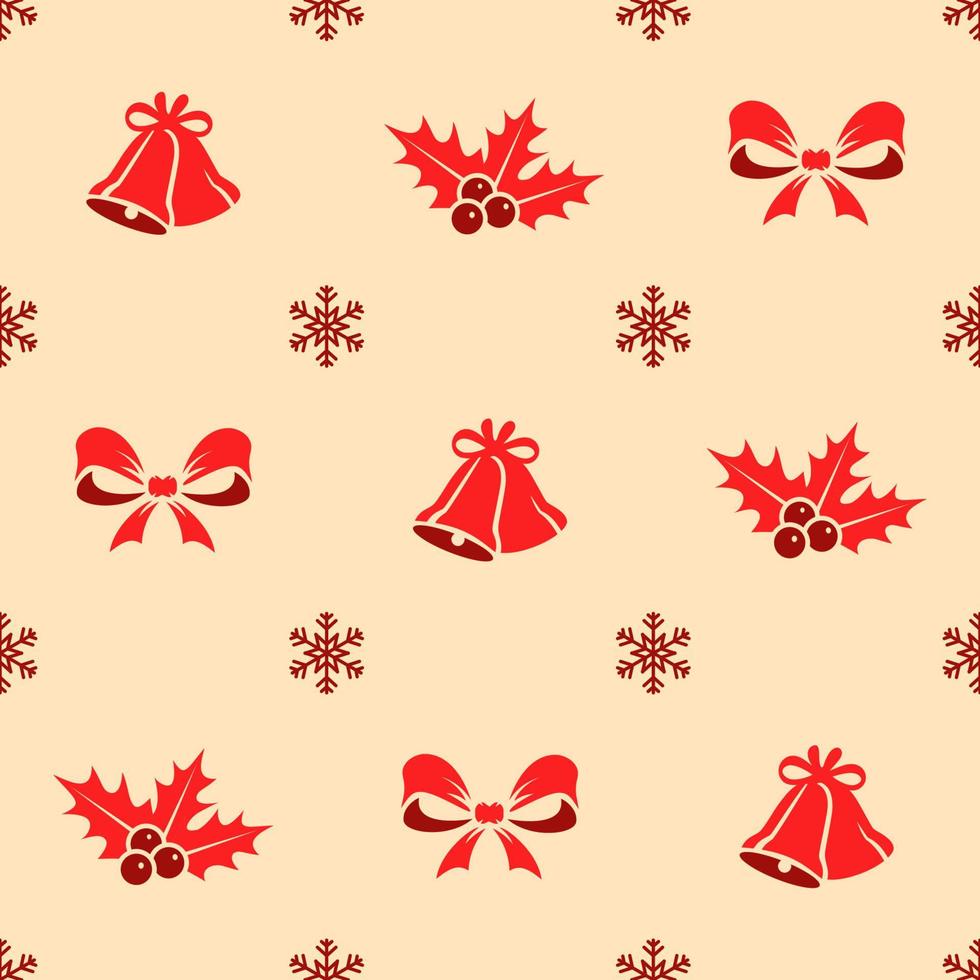 Christmas seamless pattern. Red colored holly, bow, bell and snowflakes on cream-colored background. Christmas texture vector