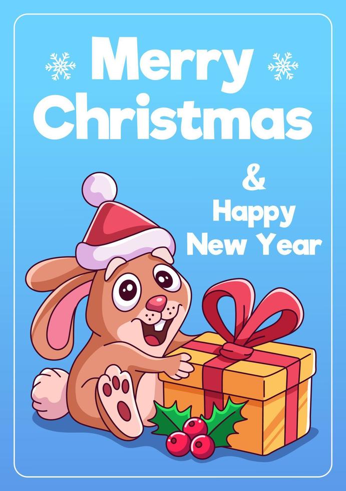 Christmas greeting card. Little rabbit with gift box and holly berries. Christmas vector illustration. Little cute bunny in christmas hat. Cartoon character.