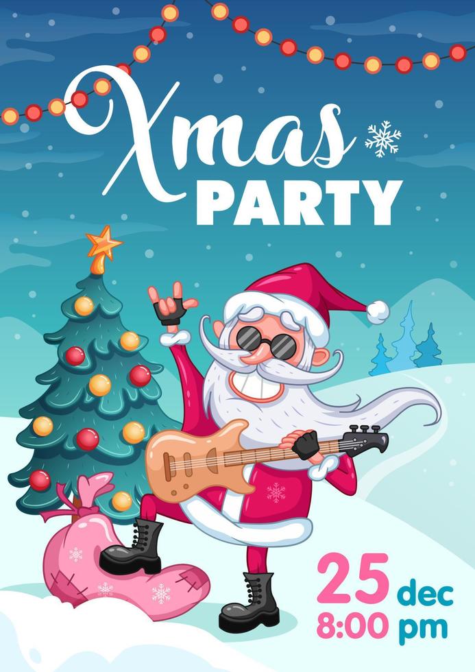 Christmas party invitation poster. Cool smile Santa Claus with electric guitar and black glasses. Cartoon vector illustration. Winter background with christmas tree.